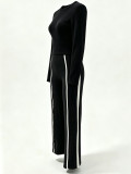 Women Autumn/Winter Solid Long-sleeve Top + Patchwork Wide-leg Pants Two-piece Set
