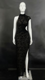 Women Lace Cutout Slit Dress Slash Shoulder Dress