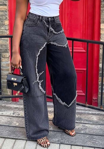 Women Color Block Patchwork Raw Edge Wide Leg Denim Pant