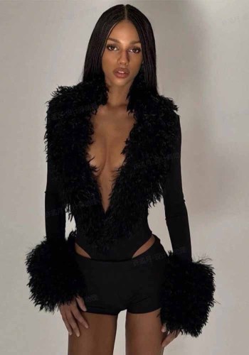 Women Autumn Sexy V Neck Fur Collar Long Sleeve Bodysuit