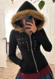 Women’s Fall Winter Streetwear Cropped Slim Fit Zip Up Hoodie Jacket with Rivet Details and Faux Fur Collar
