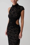 Women Lace Cutout Slit Dress Slash Shoulder Dress