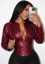 Women Autumn Pu Leather Stand Collar Zipper Pleated Autumn Outerwear Women Autumn Pu Leather Stand Collar Zipper Pleated Autumn Outerwear