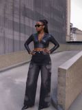 Women Black Grey Patch Raw Edge Wide Leg Denim Pant