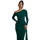 Women Slash Shoulder Autumn Gathered Sash Dress