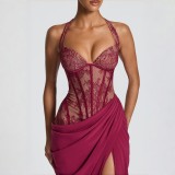 Women Lace Patchwork Halter Neck Pleated Boned Slit Maxi Dress