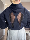 Women Autumn Winter Casual Hooded Cutout Embroidery Wing Long Sleeve Top