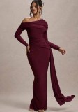 Women Slash Shoulder Autumn Gathered Sash Dress