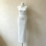 Women Summer French Halter Neck Sleeveless Rhinestone Patchwork Maxi Dress