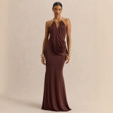 Women Sleeveless Cowl Neck Pleated Sexy Backless Halter Neck Bodycon Maxi Dress