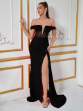 Women’s Sequin Velvet Patchwork Off Shoulder High Side Slit Evening Dress