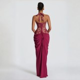Women Lace Patchwork Halter Neck Pleated Boned Slit Maxi Dress