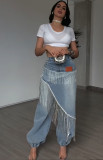 Women’s Fall Winter Washed Denim High Waist Pants with Rhinestone Fringe Details