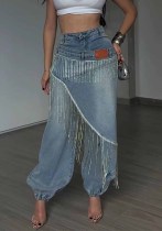 Women’s Fall Winter Washed Denim High Waist Pants with Rhinestone Fringe Details Women’s Fall Winter Washed Denim High Waist Pants with Rhinestone Fringe Details