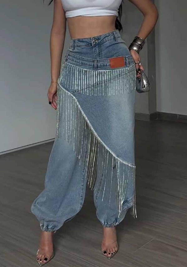 Women’s Fall Winter Washed Denim High Waist Pants with Rhinestone Fringe Details