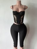 Women Sexy Boned Corset Tank Top and Capri Pant Two Piece Set