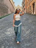 Women Irregular Patchwork Lace Wide Leg Denim Pant