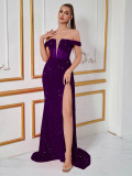 Women’s Sequin Velvet Patchwork Off Shoulder High Side Slit Evening Dress