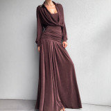 Women Early Autumn Solid Elegant V Neck Dress