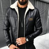 Men Fleece Lined Winter Turndown Collar Pu-Leather Jacket