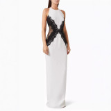 Women Sexy Halter Neck Patchwork Backless Lace Maxi Dress