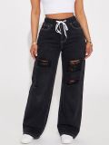 Women’s Mid Rise Drawstring Waist Straight Leg Ripped Pants