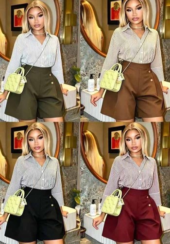 Women’s Plus Size Turn Down Collar Striped Shirt and Tailored Shorts Set