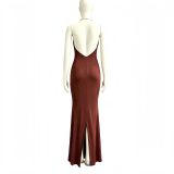 Women Sleeveless Cowl Neck Pleated Sexy Backless Halter Neck Bodycon Maxi Dress