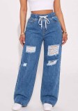 Women’s Mid Rise Drawstring Waist Straight Leg Ripped Pants