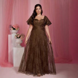 Plus Size Women Square Neck Pleated Mesh Embroidered Long Wedding Formal Party Evening Dress