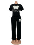 Women’s Plus Size Casual Beaded Butterfly Short Sleeve Top and Wide Leg Pants Set