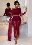 Women Sexy Lace Slash Shoulder Crop Top and Pleated Sash Pant Sexy Two Piece Set