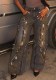Women Two Tone Patchwork Distressed Raw Hem Wide Leg Denim Pant
