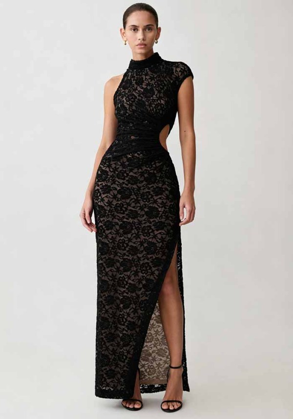 Women Lace Cutout Slit Dress Slash Shoulder Dress
