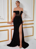 Women’s Sequin Velvet Patchwork Off Shoulder High Side Slit Evening Dress