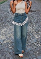 Women Irregular Patchwork Lace Wide Leg Denim Pant Women Irregular Patchwork Lace Wide Leg Denim Pant