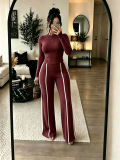 Women Autumn/Winter Solid Long-sleeve Top + Patchwork Wide-leg Pants Two-piece Set