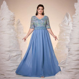 Women V-Neck Half-Sleeve Lace Patchwork Chiffon Elegant Evening Dress