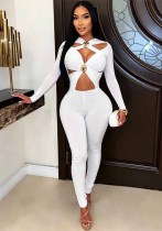 Women’s Sexy Solid Color Metallic Buckle Long Sleeve Cutout Jumpsuit Women’s Sexy Solid Color Metallic Buckle Long Sleeve Cutout Jumpsuit
