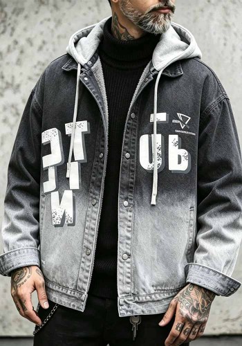 Men American Style Hooded Letter Print Denim Jacket