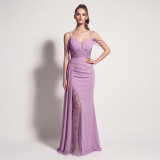 Women’s Formal Party Beaded Satin Strap Chiffon Patchwork Maxi Dress with Mesh Ribbon Details