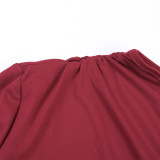 Women Burgundy Long Sleeve High Neck Irregular Ruffle Hem Dress