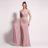 Women’s Formal Party Beaded Satin Strap Chiffon Patchwork Maxi Dress with Mesh Ribbon Details