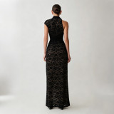 Women Lace Cutout Slit Dress Slash Shoulder Dress