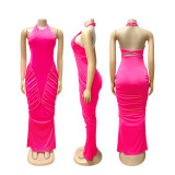 Women Ruched Halter Neck Backless Sexy Solid Bodycon Maxi Dress