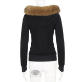 Women’s Fall Winter Streetwear Cropped Slim Fit Zip Up Hoodie Jacket with Rivet Details and Faux Fur Collar