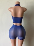 Women’s High Stretch Shiny Mesh Halter Neck See Through Two Piece Shorts Set