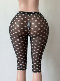 Women’s Sexy Polka Dot See Through Mesh High Waist Stretch Capri Pants for Outdoor Wear