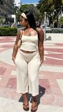 Women’s Sexy Solid Color Cropped Strap Top and Matching Shorts Set