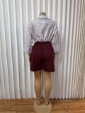 Women’s Plus Size Turn Down Collar Striped Shirt and Tailored Shorts Set